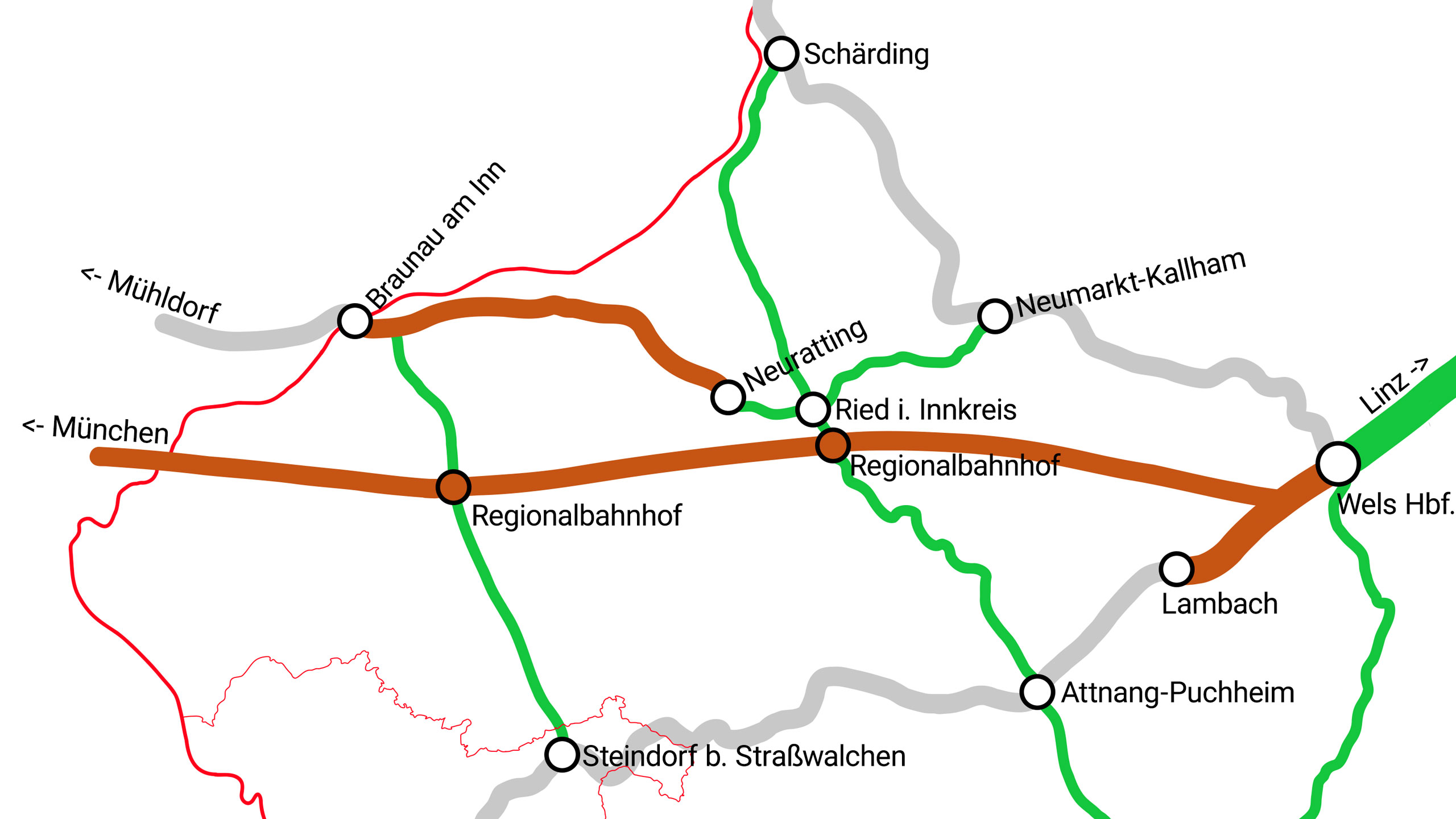 Überssichtskarte vom Innviertel mit dem symbolischen Trassenverlauf der Neuen Innkreisbahn